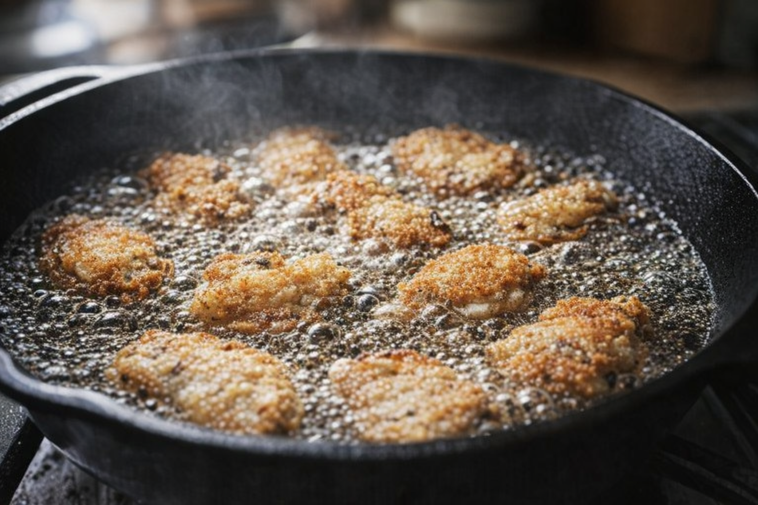 An overhead shot of oysters frying in a cast iron skillet, bubbling oil, golden brown crust forming, close-up focus on the sizzling sound
